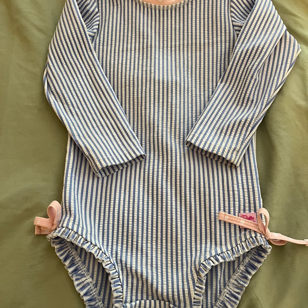 Ruffle Butts blue and white striped pink ruffles one piece